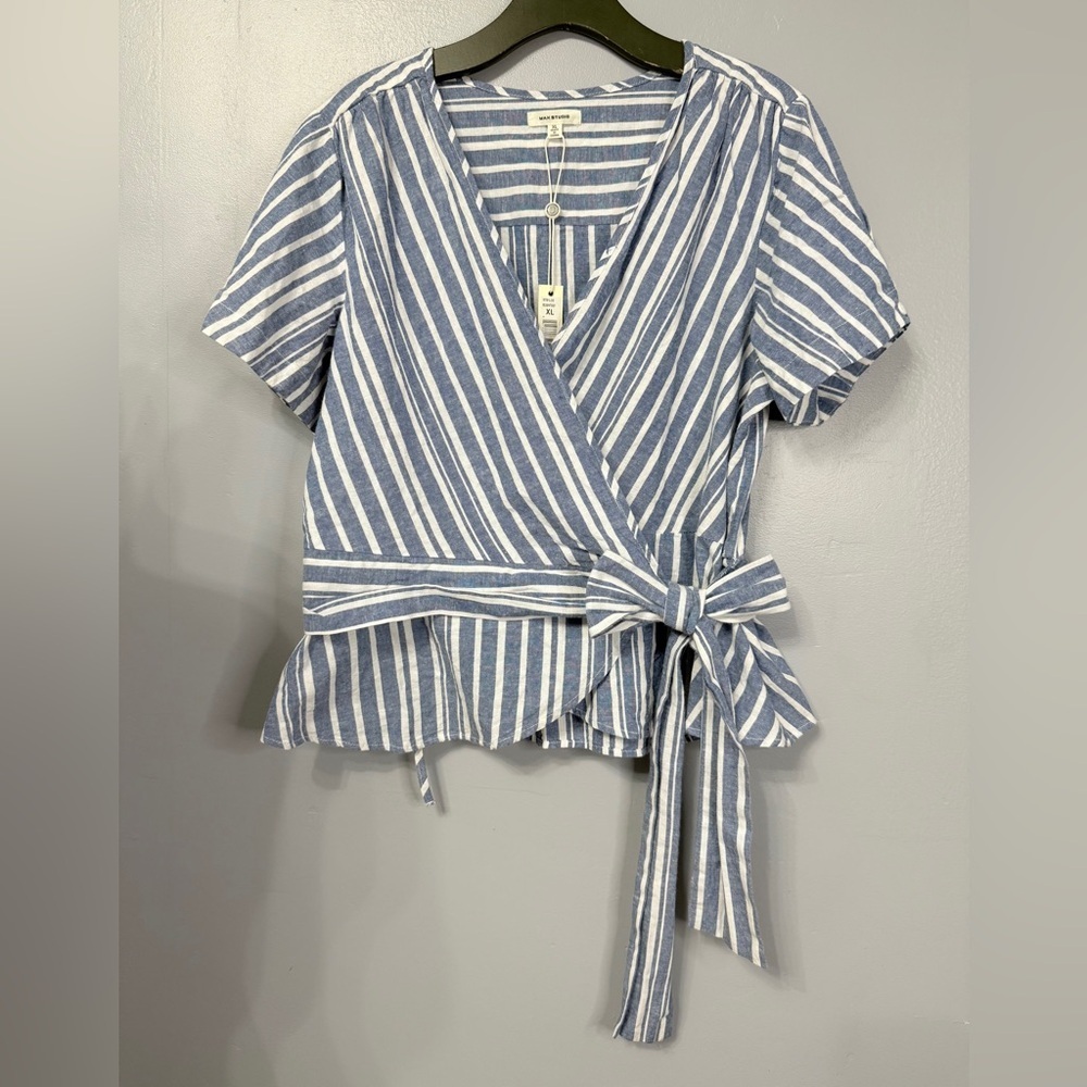 Max Studio Blue and White Striped Wrap Blouse